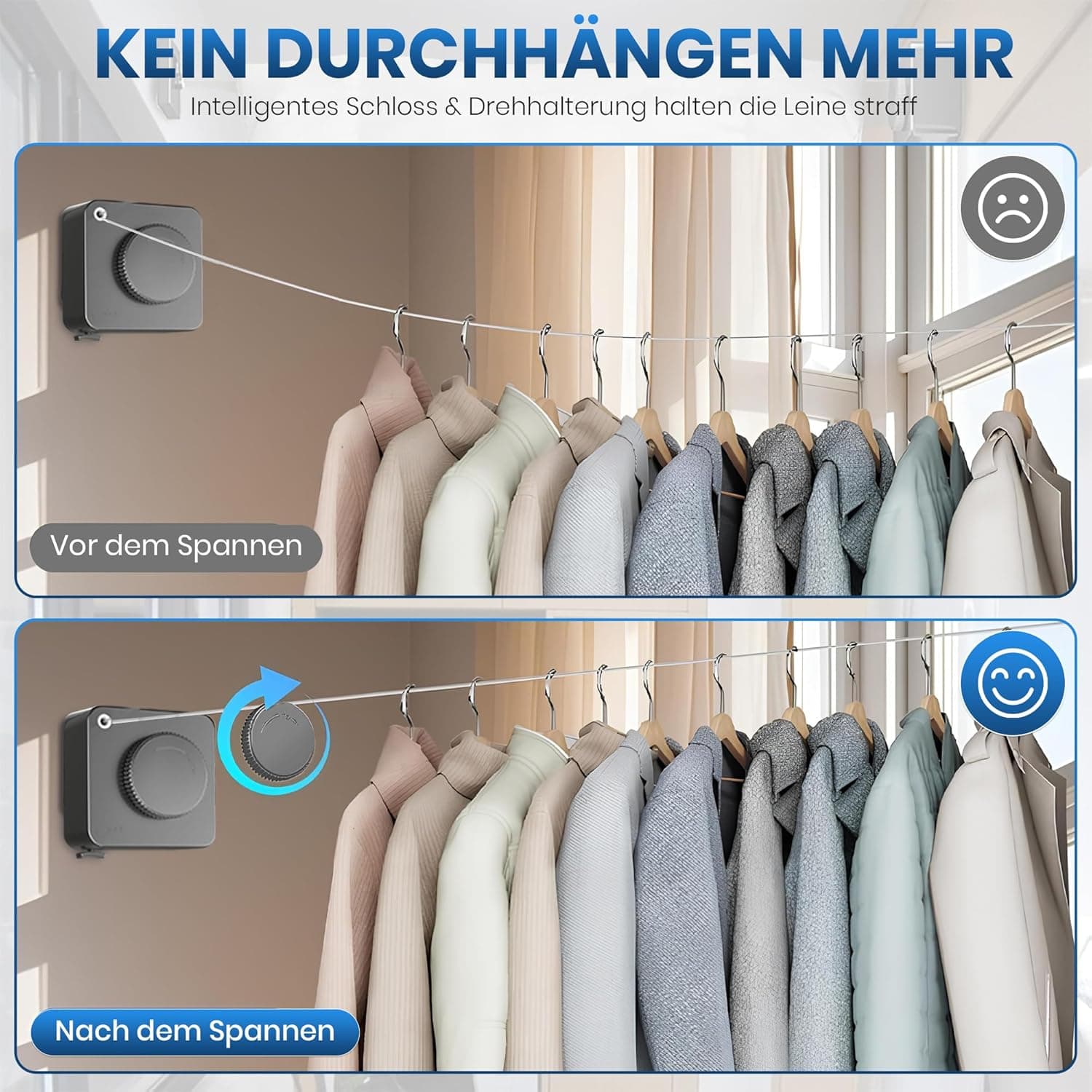 Listing-Infografik: kein Durchhängen — intelligente Verriegelung und Drehrad halten die Leine stets gespannt