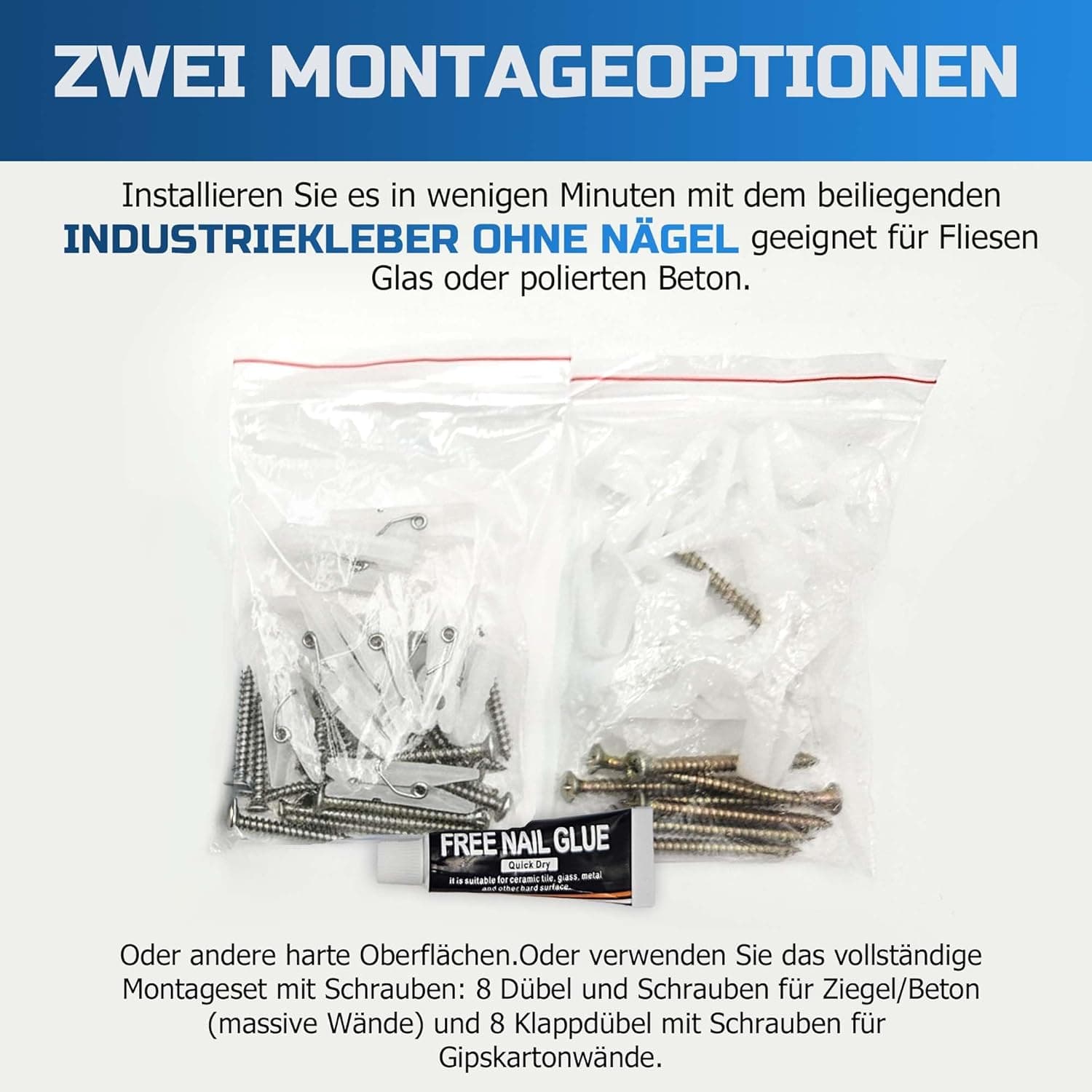 Listing-Infografik: zwei Montageoptionen — industrieller Kleber ohne Nägel oder komplettes Schrauben-Set mit Dübeln und Trockenbau-Ankern