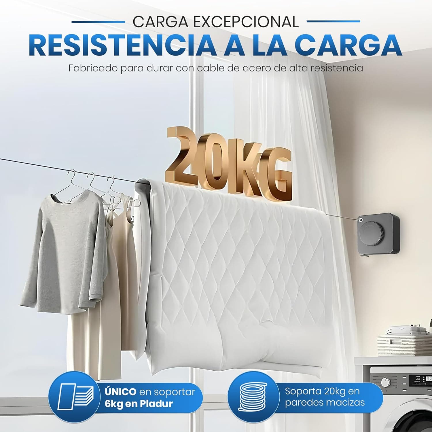 Listing infographic (Spanish): load resistance — up to 20 kg on solid walls and 6 kg on drywall, with a high-strength steel cable