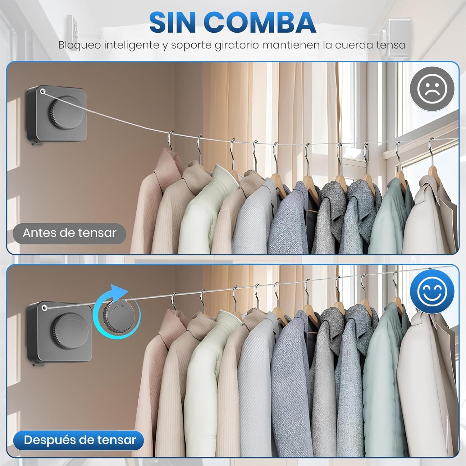 Listing infographic (Spanish): no sagging — the smart lock and rotating dial keep the line taut