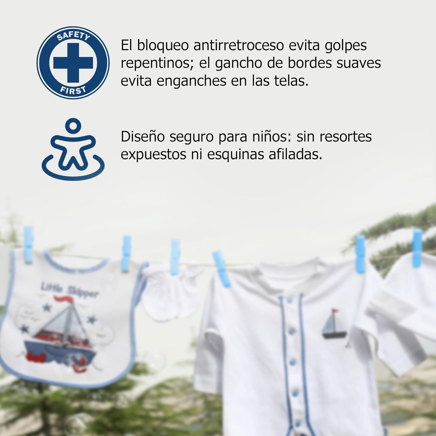 Listing infographic (Spanish): safety — anti-recoil lock, soft-edged hook and child-safe design with no exposed springs or sharp corners