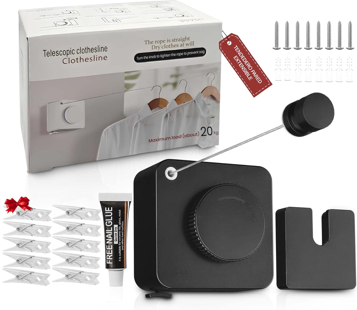 Tendedero retráctil SABN STORE en negro mate: carcasa con rueda tensora y gancho de pared