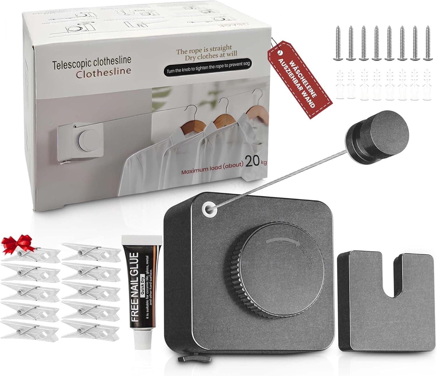 Komplettes SABN STORE Wäscheleinen-Set in Graphitgrau mit allem Montagezubehör