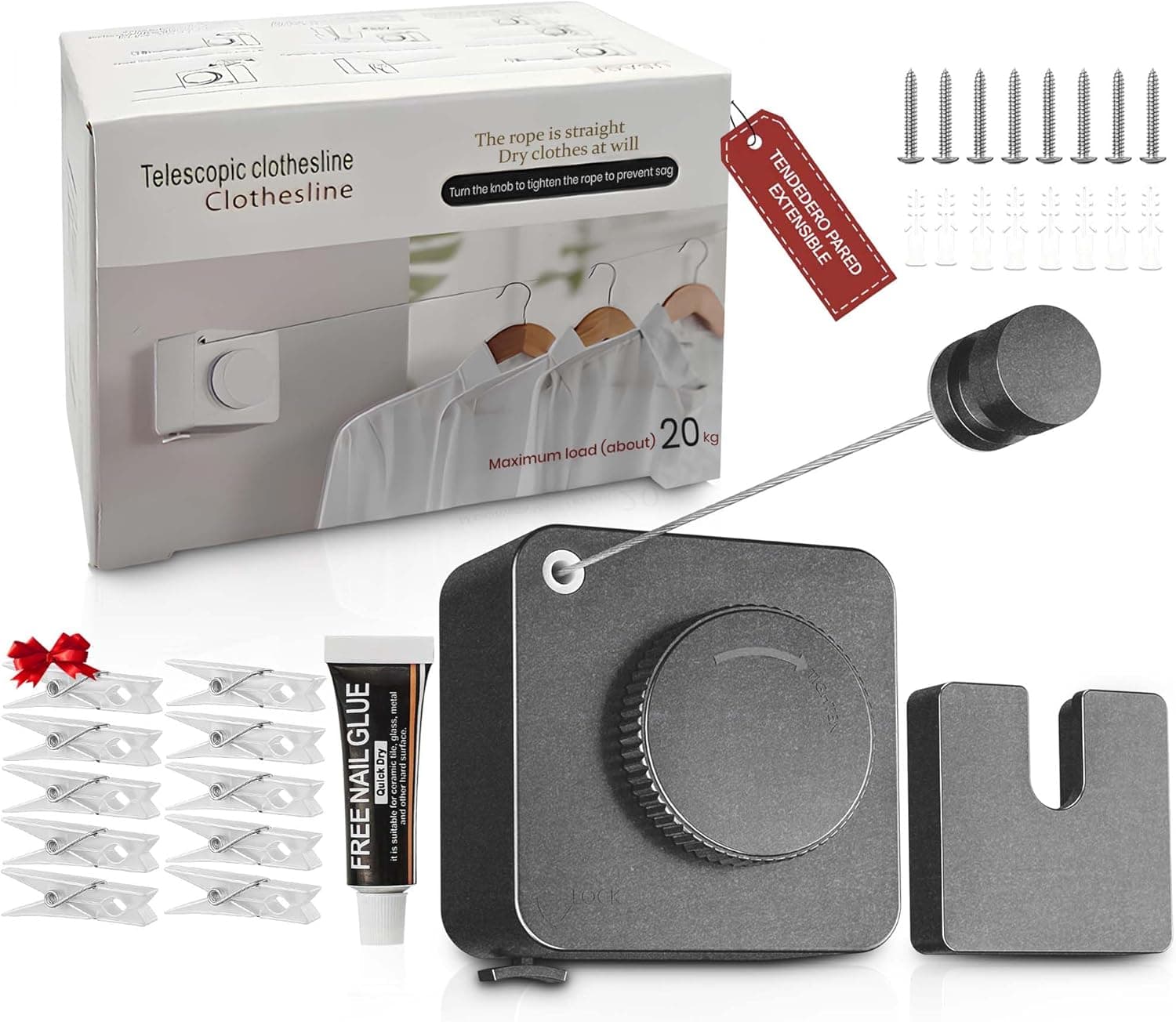 Complete SABN STORE clothesline kit in graphite grey: box, housing with tension dial, wall hook, 8 screws and plugs, nail-free adhesive and 10 pins